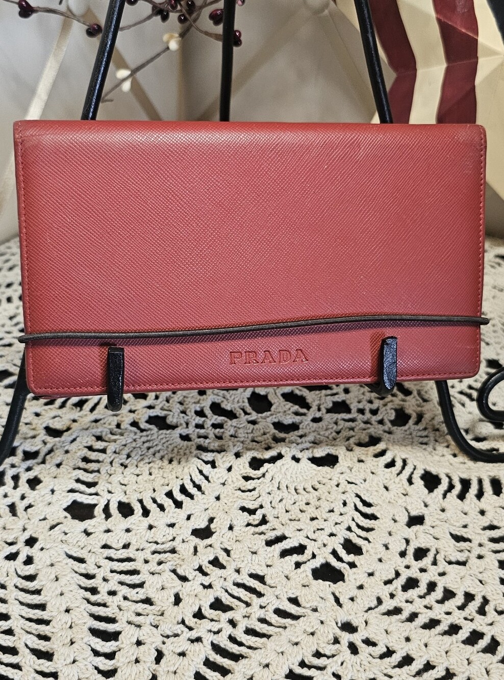 Prada Red Saffiano Leather Checkbook Holder / Wallet
